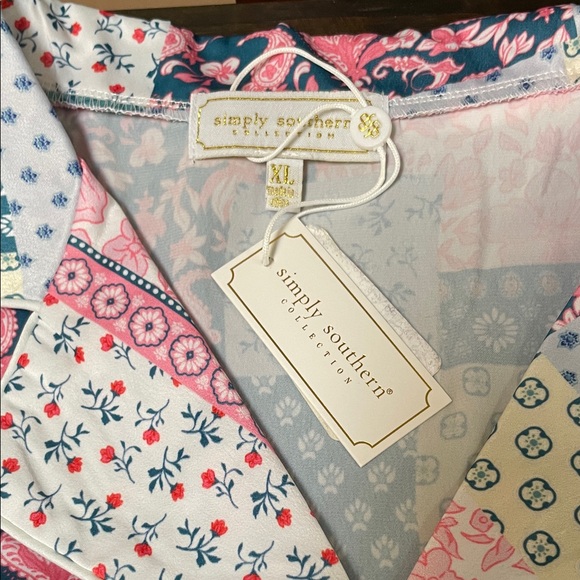 Simply Southern Patchwork Pajama Set - Pink & Teal - Ruffle Shorts w/ Pockets - Picture 2 of 10